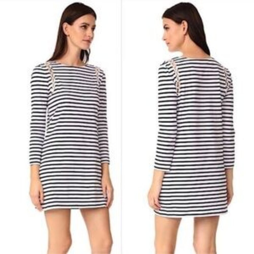 ALC A.L.C. Chapman Shift Dress Lace-Up Shoulder Navy White Striped Size XSmall